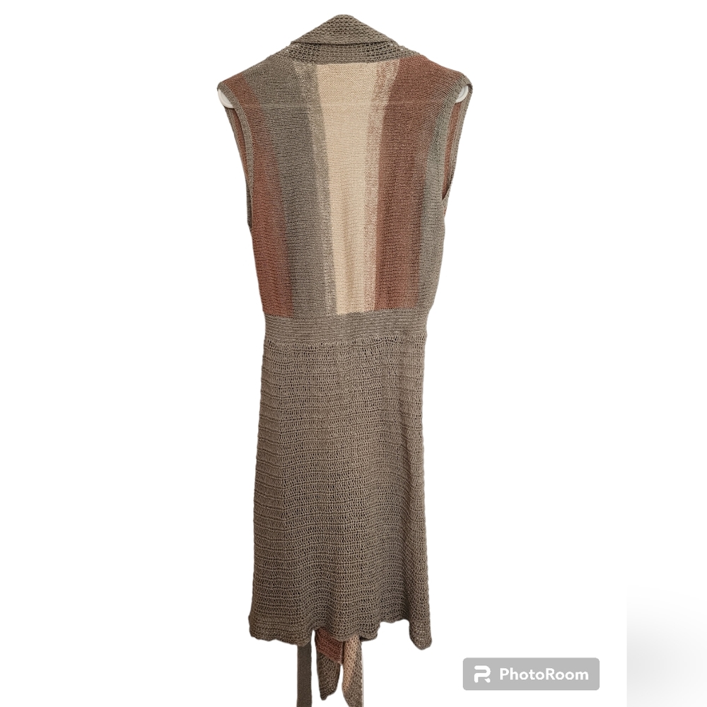 BCBG MAXAZRIA Long Sage Green Gray Stripe Open Weave Sweater Vest Tie Waist XL
